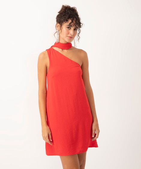 vestido curto ombro único com lenço vermelho