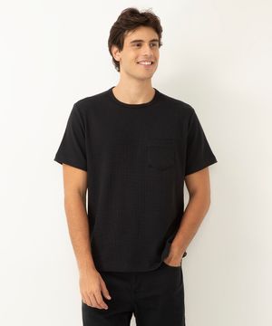 camiseta de algodão básica texturizada com bolso manga curta preto