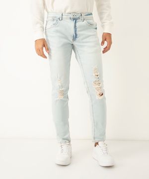 calça jeans slim destroyed com bolsos azul