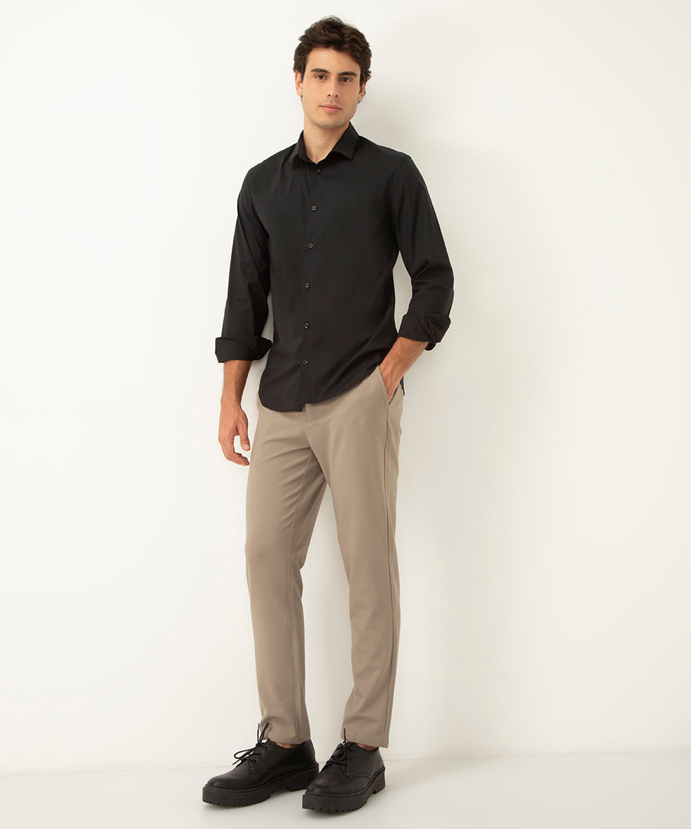 camisa slim fit de algodão manga longa preta
