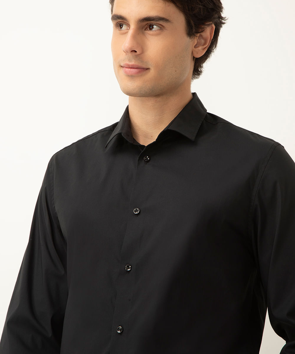 camisa slim fit de algodão manga longa preta