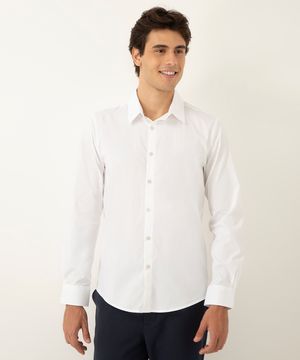 camisa de algodão slim manga longa branco