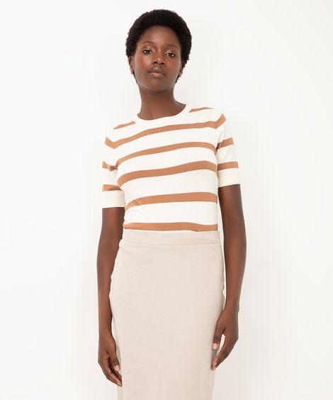 blusa de tricot manga curta listrada bege