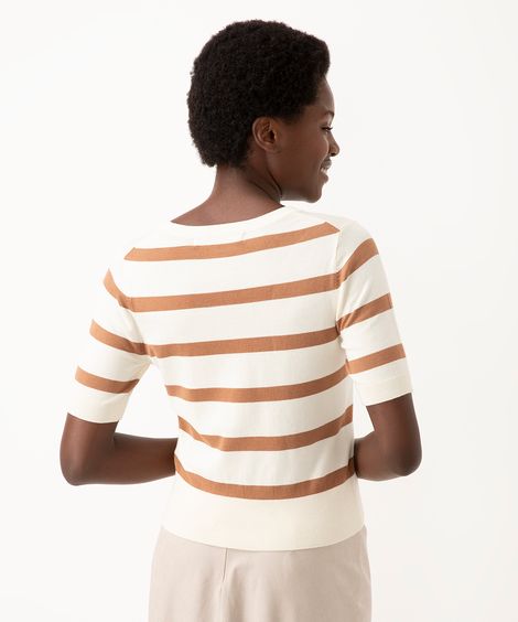 blusa de tricot manga curta listrada bege