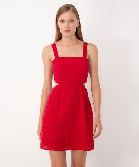 vestido curto de laise alça larga decote reto cut out  vermelho
