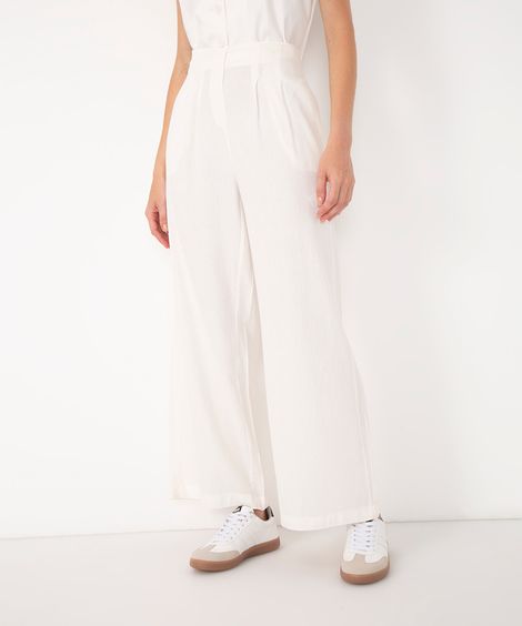 calça wide leg com linho cós elástico off white