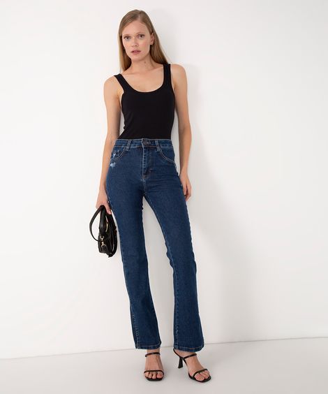 calça jeans reta cintura alta com fenda sawary azul médio