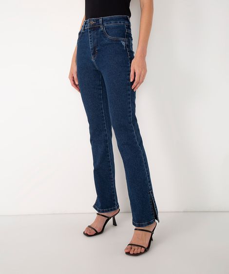 calça jeans reta cintura alta com fenda sawary azul médio