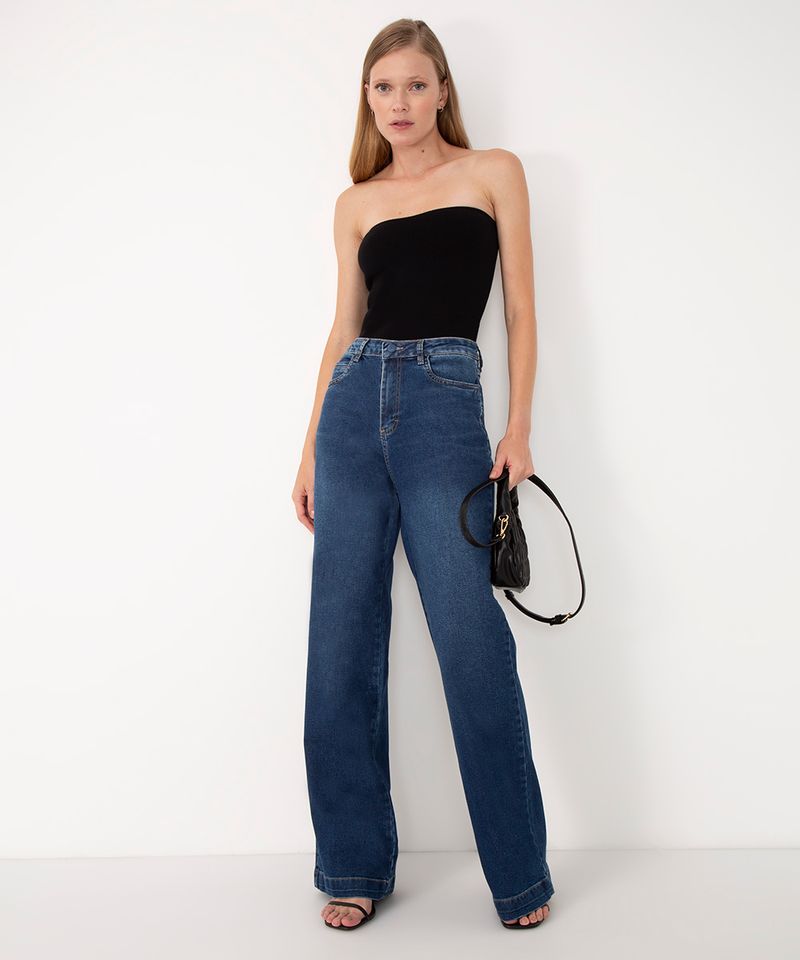 calça de sarja wide leg cropped cintura super alta com bolsos bege - C&A