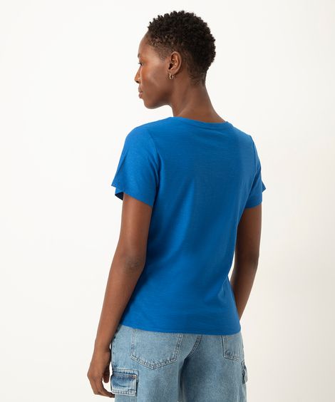 camiseta de algodão peruano decote v azul