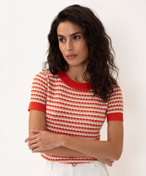 blusa de tricot listrado manga curta laranja