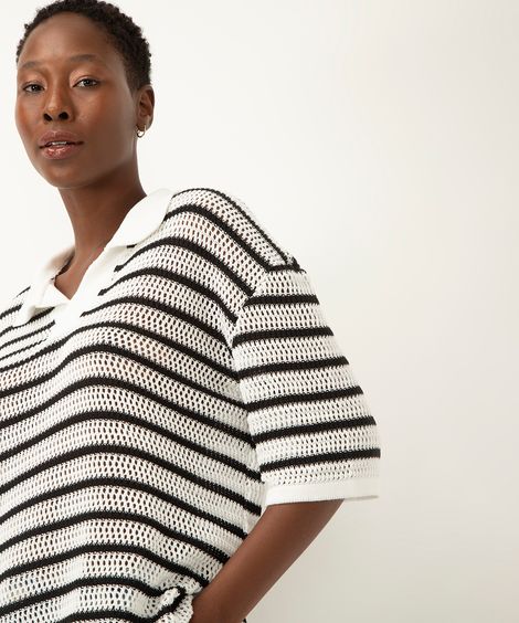 blusa de tricot listrada gola polo manga curta branco