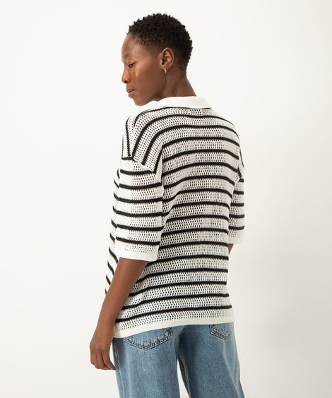 blusa de tricot listrada gola polo manga curta branco