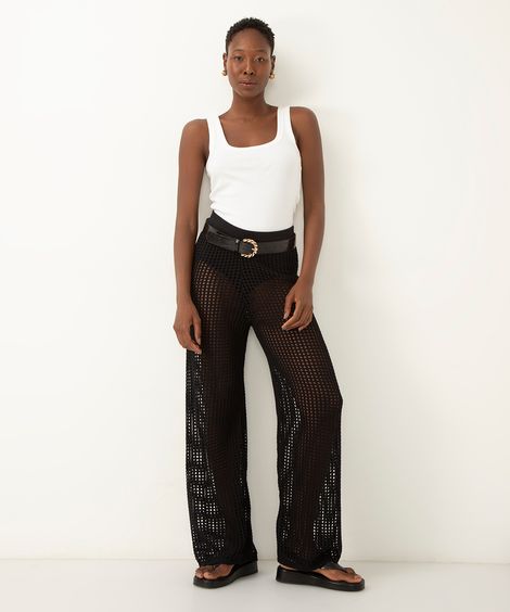 calça wide leg tricot cintura alta  preto