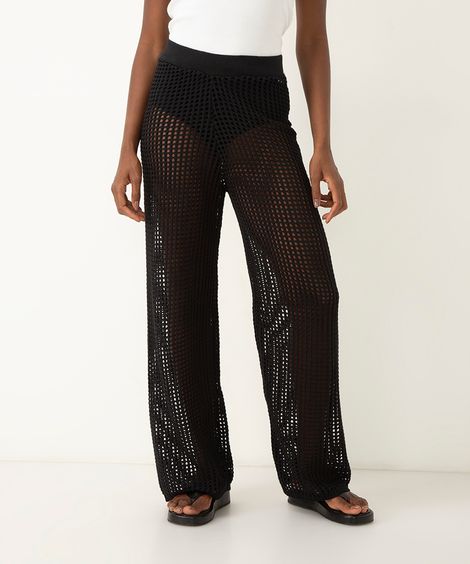 calça wide leg tricot cintura alta  preto