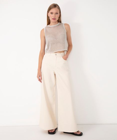 calça wide leg de sarja cintura média off white