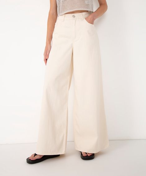 calça wide leg de sarja cintura média off white