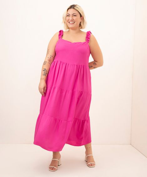 vestido longo de viscose plus size alça franzida rosa