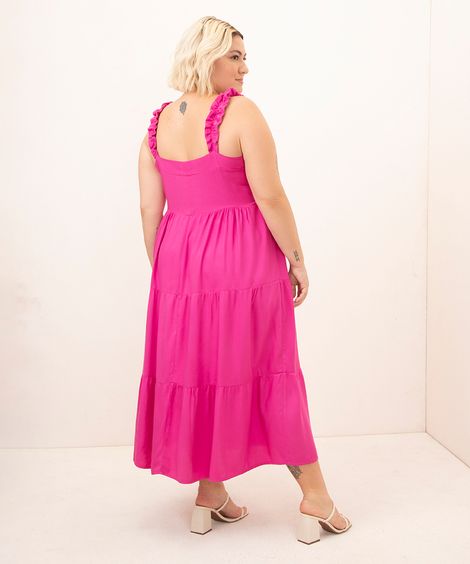 vestido longo de viscose plus size alça franzida rosa
