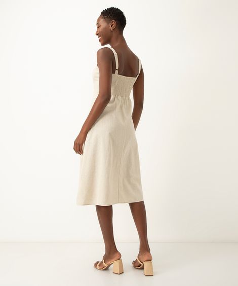 vestido midi com fenda alça fina areia