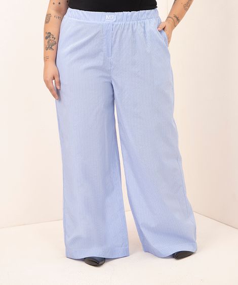 calça pajama listrada plus size cós elástico bordado mindset azul claro