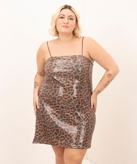 vestido curto plus size animal print paetê mindset colorido