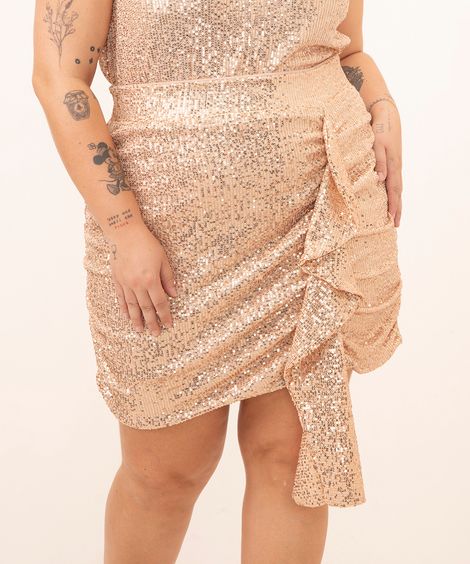 minissaia plus size de paetê com babado bronze
