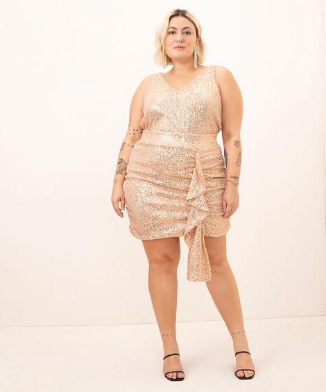 minissaia plus size de paetê com babado bronze