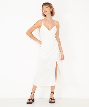 vestido midi com linho alça fina off white