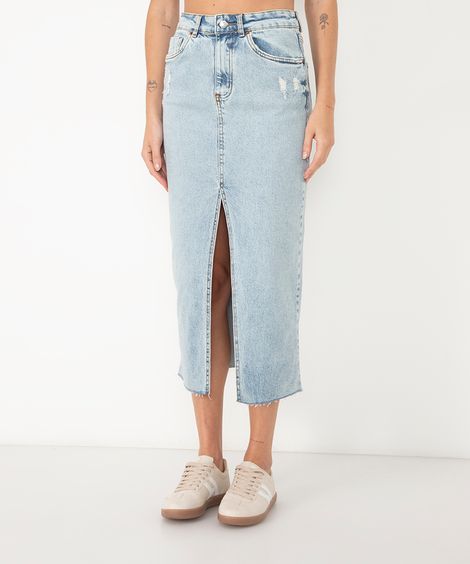 saia jeans midi com fenda cintura alta azul médio