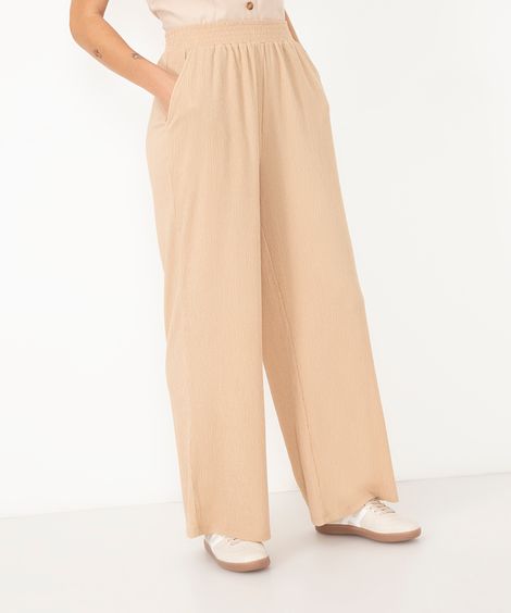 calça wide leg com bolsos texturizada bege