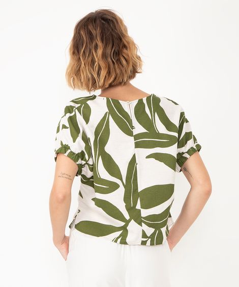 blusa de viscose floral com elástico manga curta off white