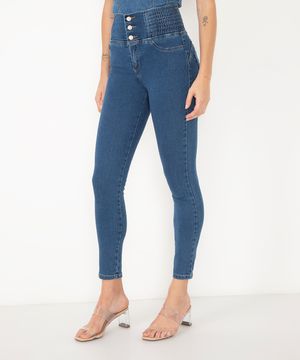calça jeans cigarrete cintura super alta sawary azul médio