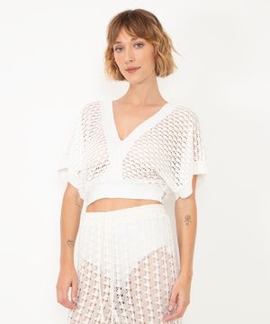 blusa de tricot transpassada manga curta com amarração off white