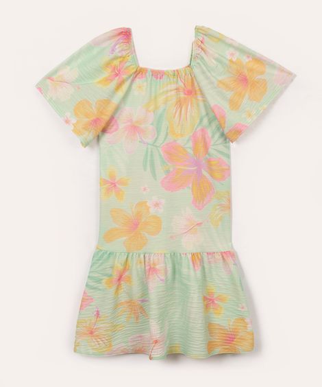 vestido infantil floral manga curta com babado colorido
