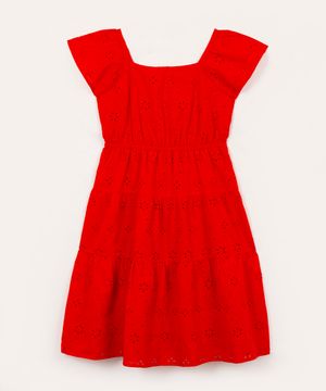 vestido infantil longo de laise manga curta vermelho