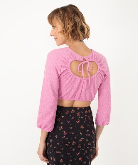 Blusa Feminina Manga Bufante Cropped com Vazado e Amarração Decote Redondo Rosa