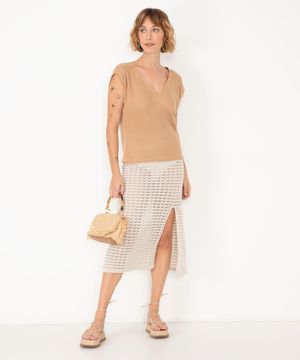 saia midi de crochê cintura alta com fenda off white