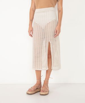 saia midi de crochê cintura alta com fenda off white