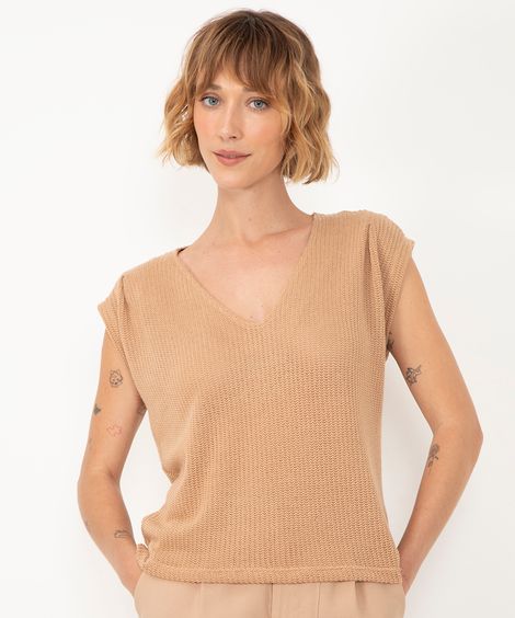 blusa de tricot com prega manga curta areia
