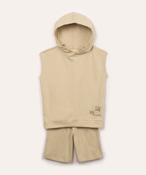 conjunto de moletom infantil regata com capuz - bege