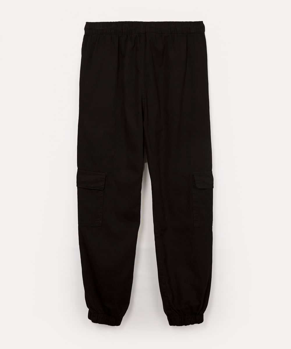 calça cargo juvenil de sarja com bolso preto