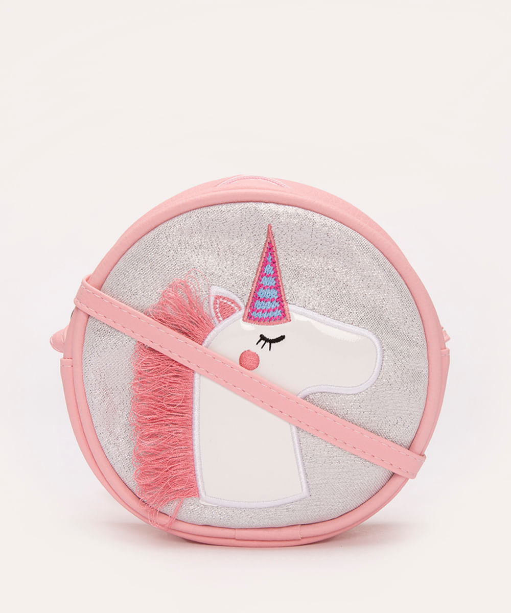 bolsa infantil transversal com glitter unicórnio rosa