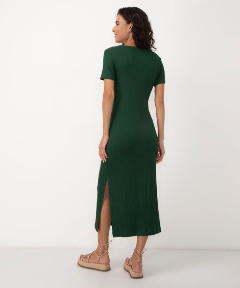 vestido midi texturizado manga curta verde
