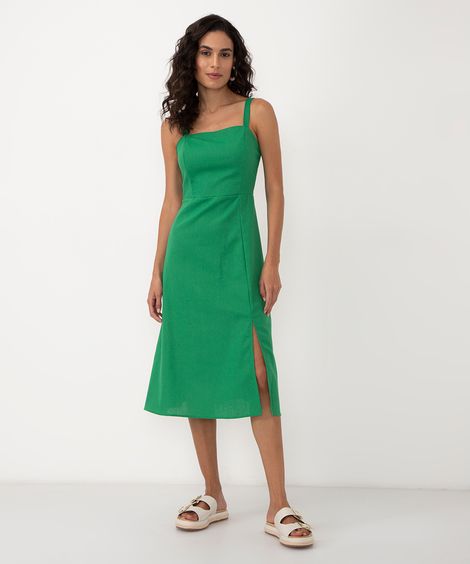 vestido midi com fenda alça fina verde