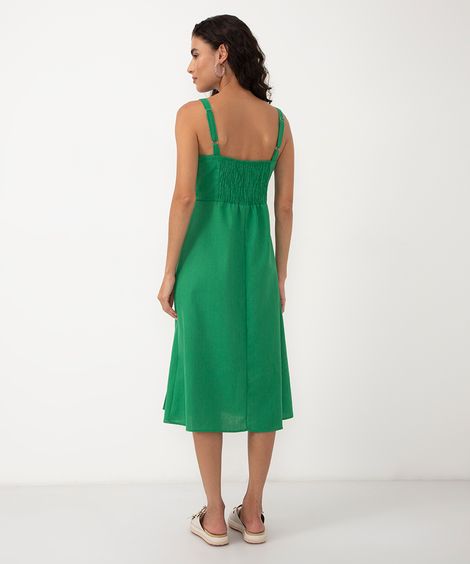 vestido midi com fenda alça fina verde