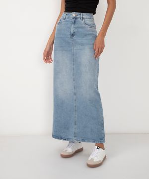 saia jeans longa cintura alta com fenda azul claro