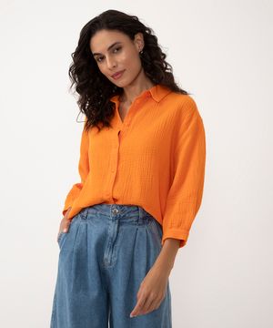 camisa de algodão texturizada manga longa laranja