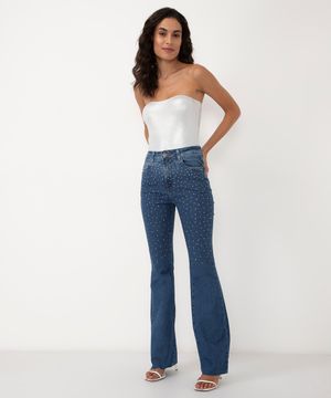 calça jeans flare com brilho cintura alta sawary azul médio