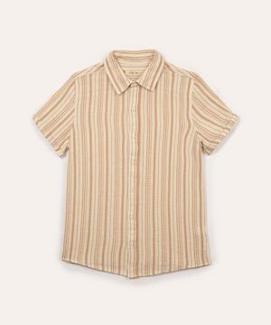 camisa de algodão juvenil listrada texturizada manga curta bege
